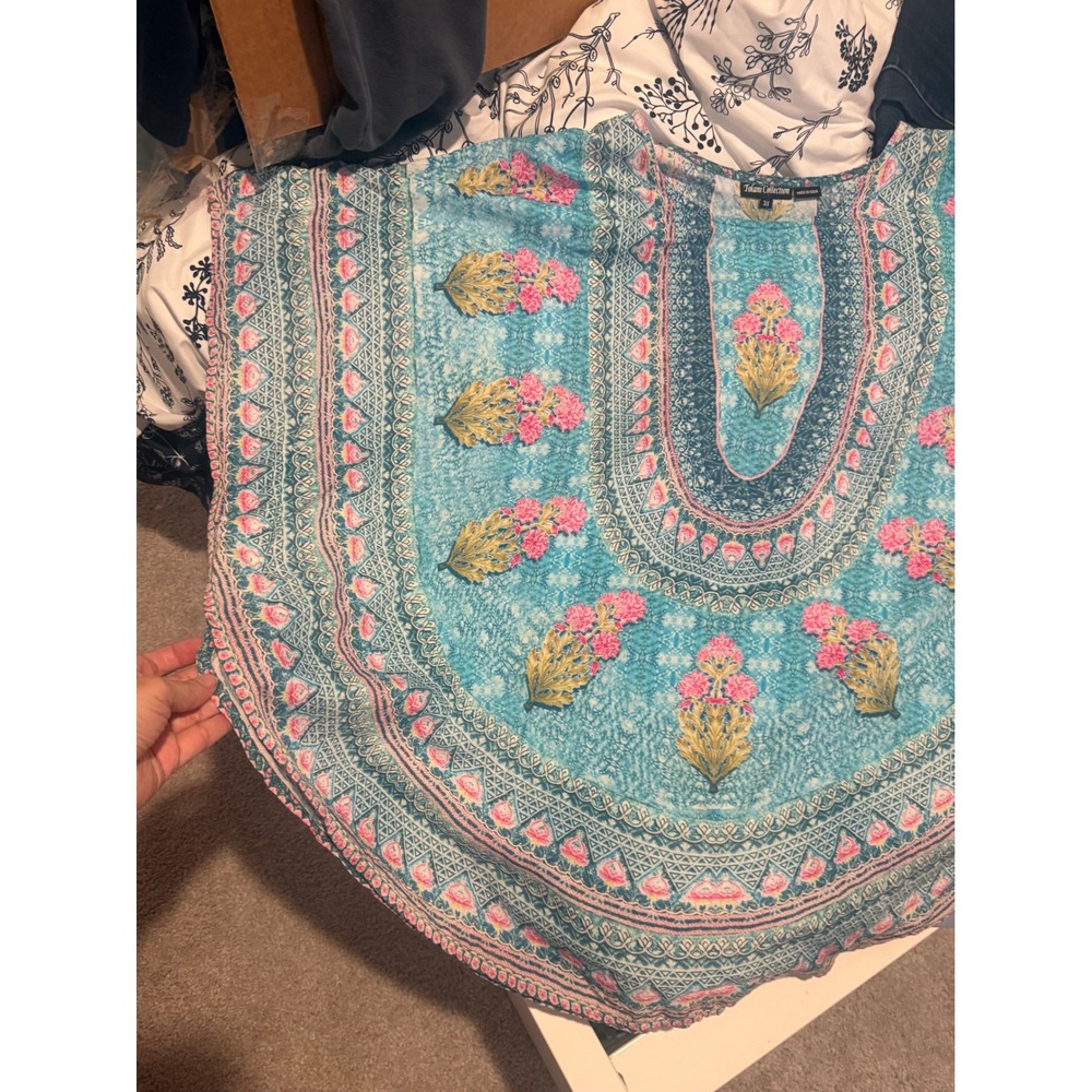 Tolani Collection Women 3X Blue‎ Pink Floral Geometric Boho Top Blouse Festival